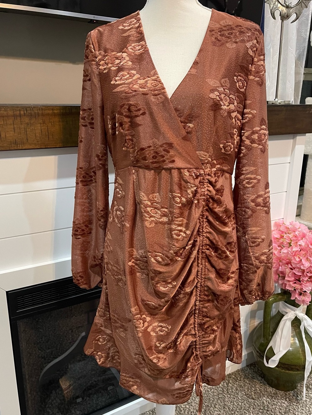 Nasty Gal Rust Floral Ruched Wrap Long Sleeve Dress